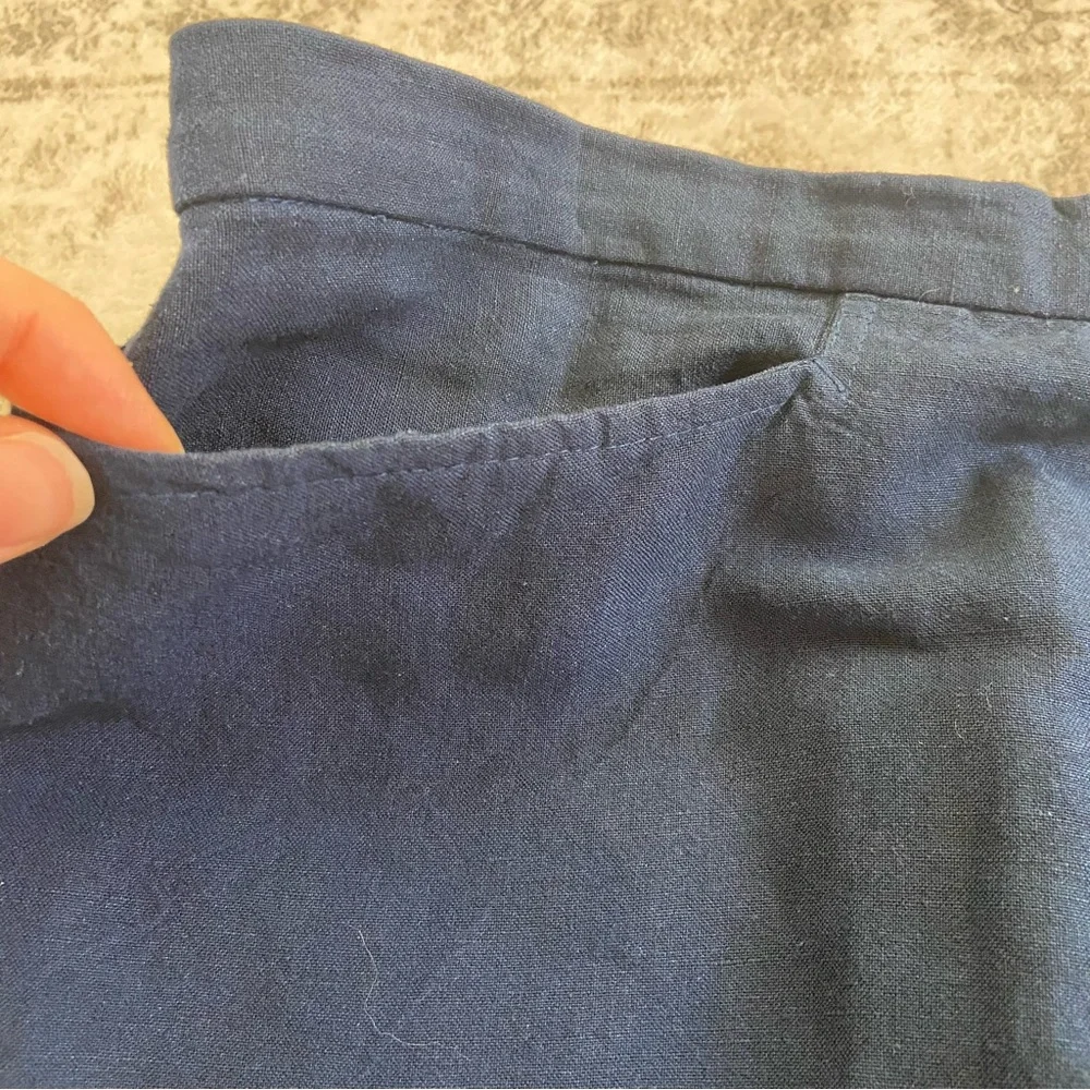 Eileen Fisher Navy Linen Blend Flowy‎ Knee Length Skirt with Pockets Large